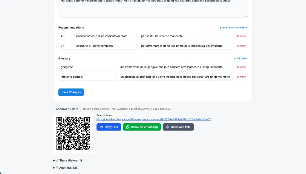 VoixDent share screen with a patient summary, a QR code, and buttons to copy a link, send on WhatsApp, or download a PDF.