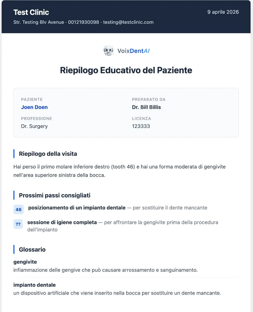 A VoixDent patient education report with the visit summary, next steps and a glossary.